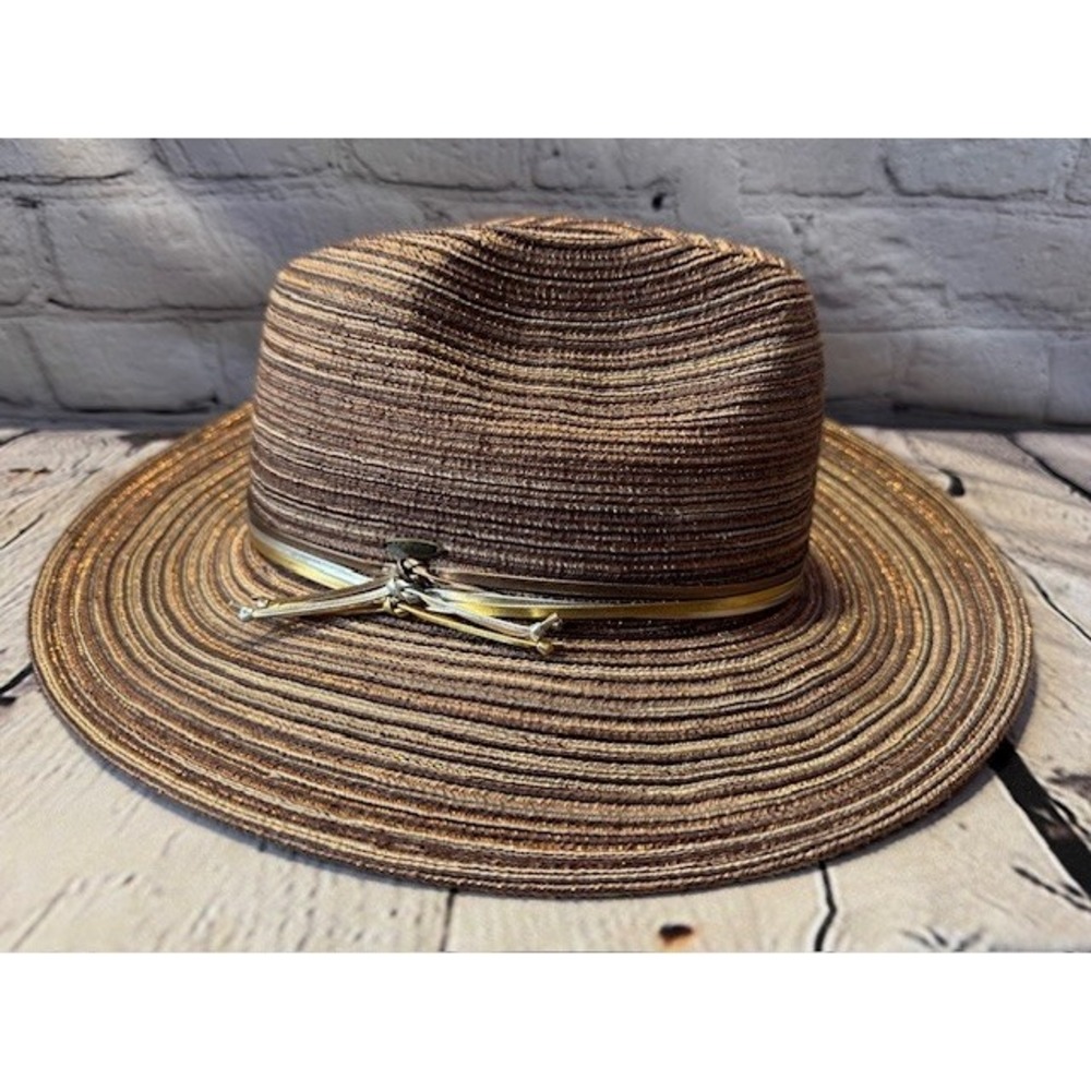 C.C‎ Exclusives Wide Brim Sun Scula Hat Straw Women's Woven Metallic Gold Brown